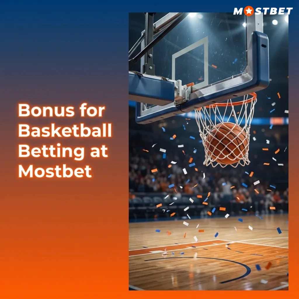 Mostbet promo banner highlighting sports welcome bonus for new users on basketball bets, with percentage and deposit details