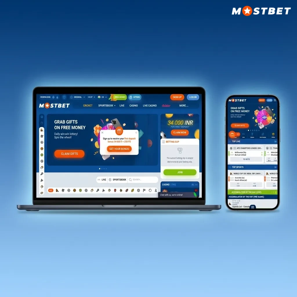 Mostbet India website interface with top navigation bar and visible odds, markets, and bet slip for quick betting
