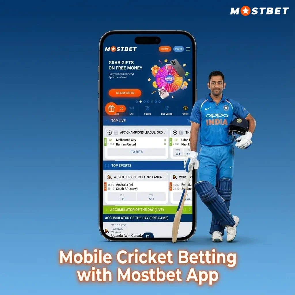Smartphone screen showing Mostbet mobile app for live cricket betting in India, with odds and bet slip visible