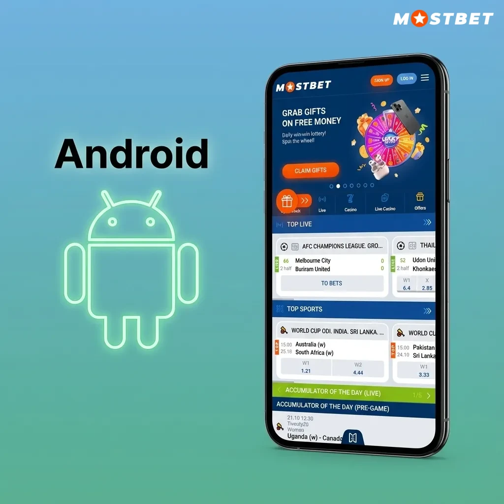 Android phone screen showing Mostbet app download page with steps to install APK and start betting in India