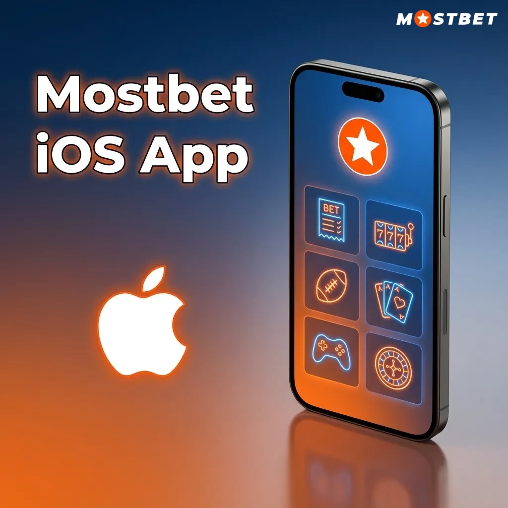 Mostbet iOS app on iPhone and iPad screen showing sports betting, slots, live casino and payment options
