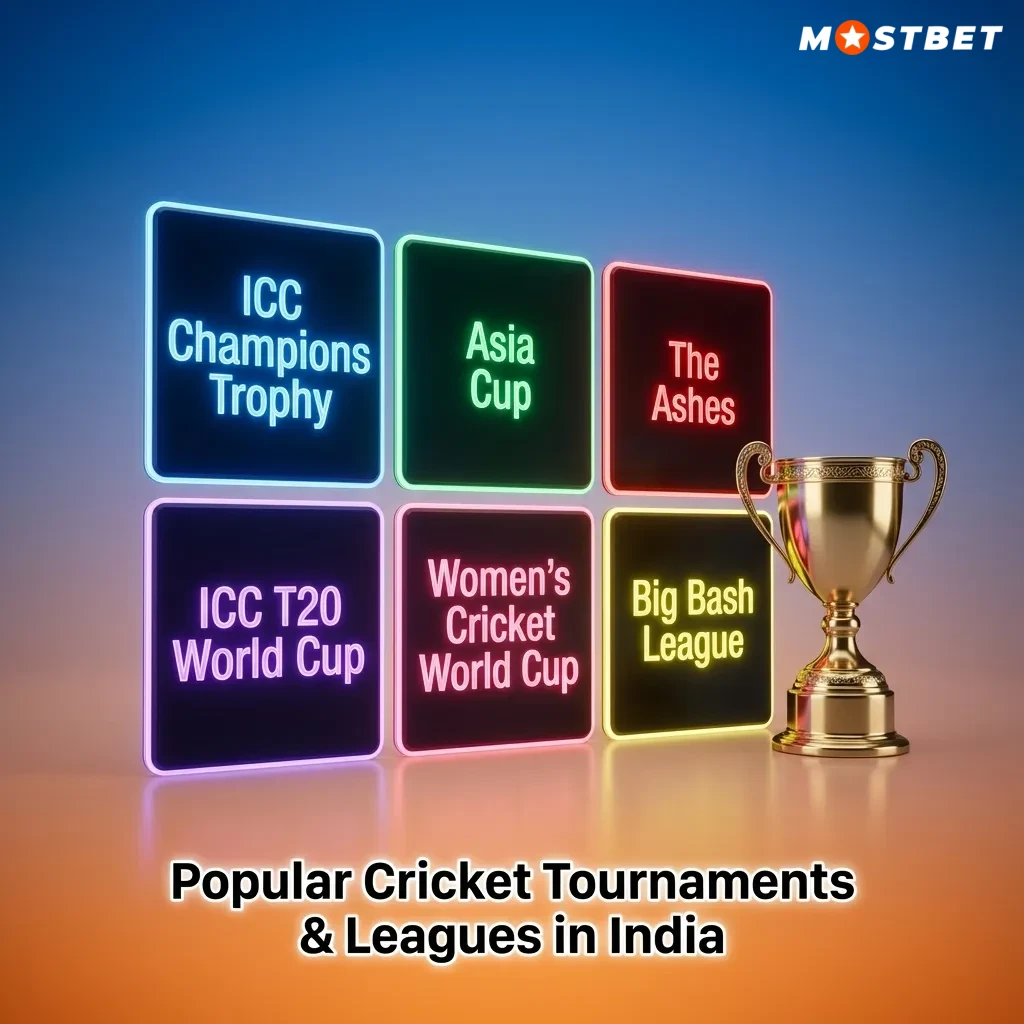 Infographic listing major cricket tournaments and leagues with brief betting-focused descriptions and icons for each event.
