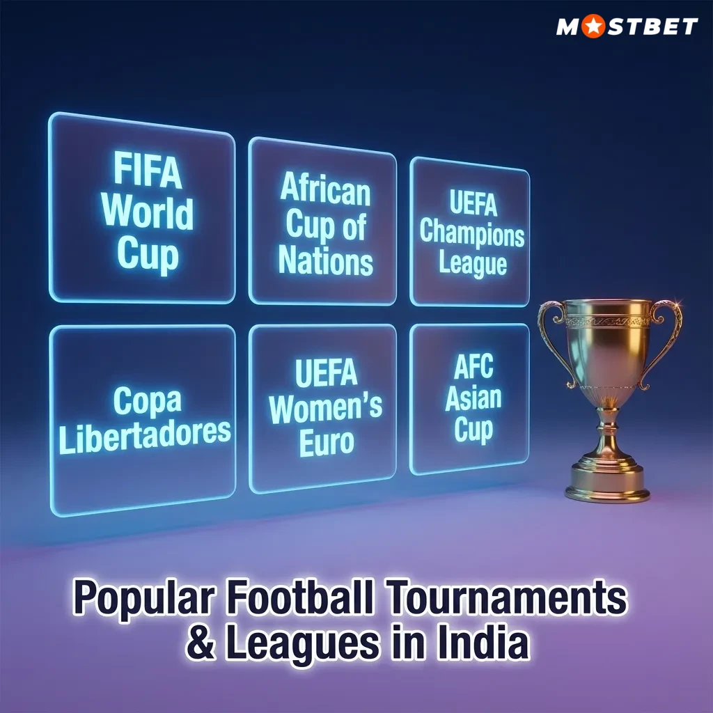 Illustrated list of Indian and global football leagues and cups with icons, focused on betting options and popular tournaments.